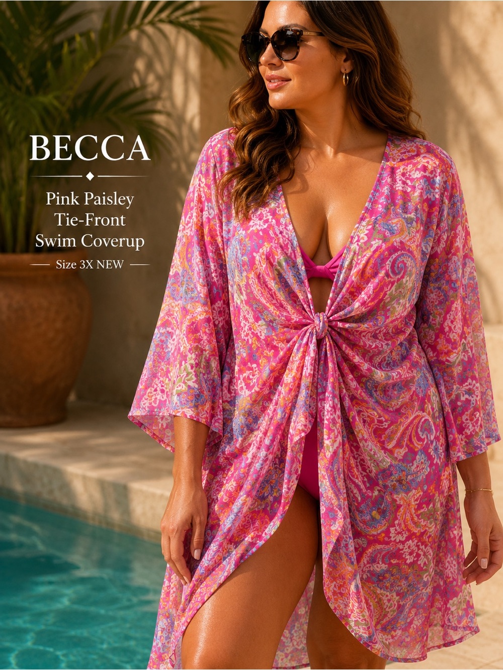 BECCA Pink Paisley Tie-Front Swim Coverup NEW Size 3X